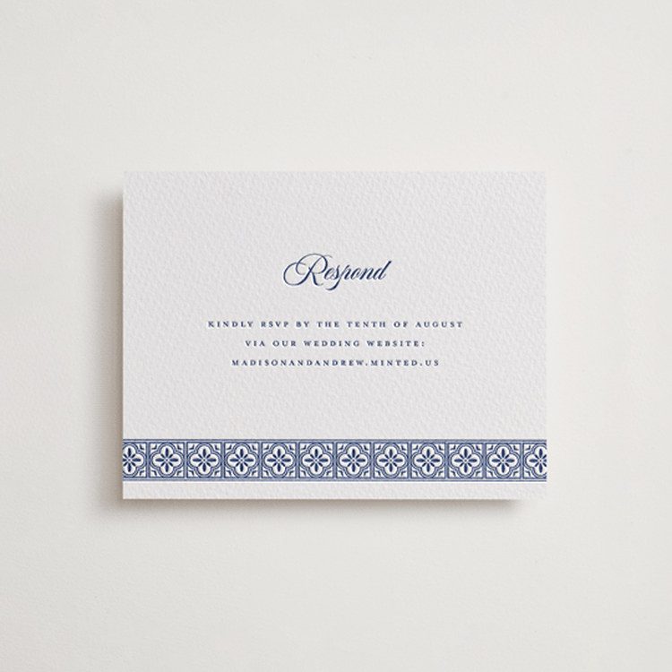 "Tiled" - Letterpress RSVP Online Enclosure Cards in Lapis by Angela Garrick - Front