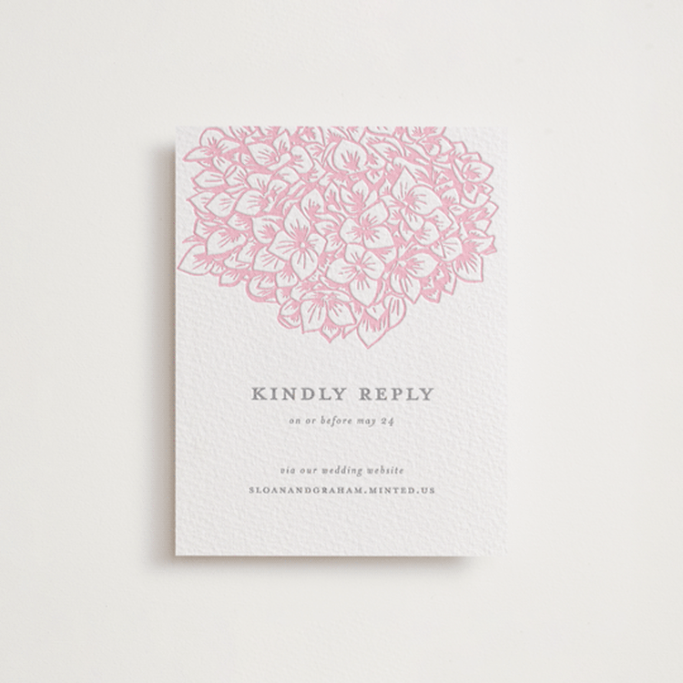 "Hydrangea Blooms" - Letterpress RSVP Online Enclosure Cards in Peony | Granite by Paula Pecevich - Front