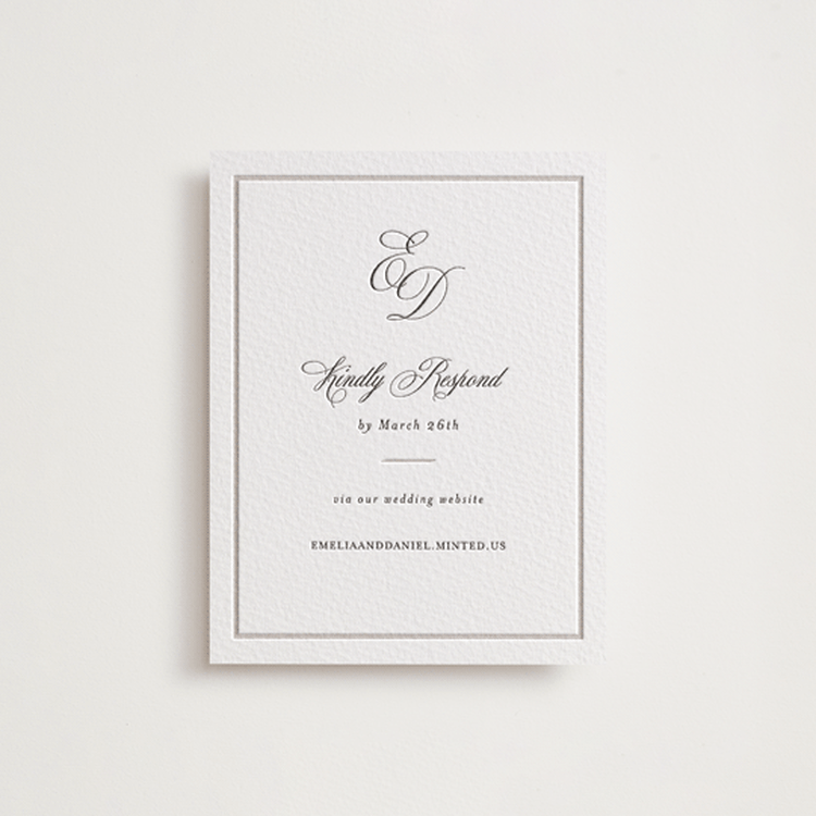 "Royal" - Letterpress RSVP Online Enclosure Cards in Dove Grey | Soft Black by Melinda Denison - Front