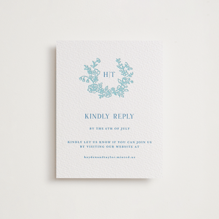"Flowers monogram" - Letterpress RSVP Online Enclosure Cards in Robin's Egg | Marine Blue by Cass Loh - Front