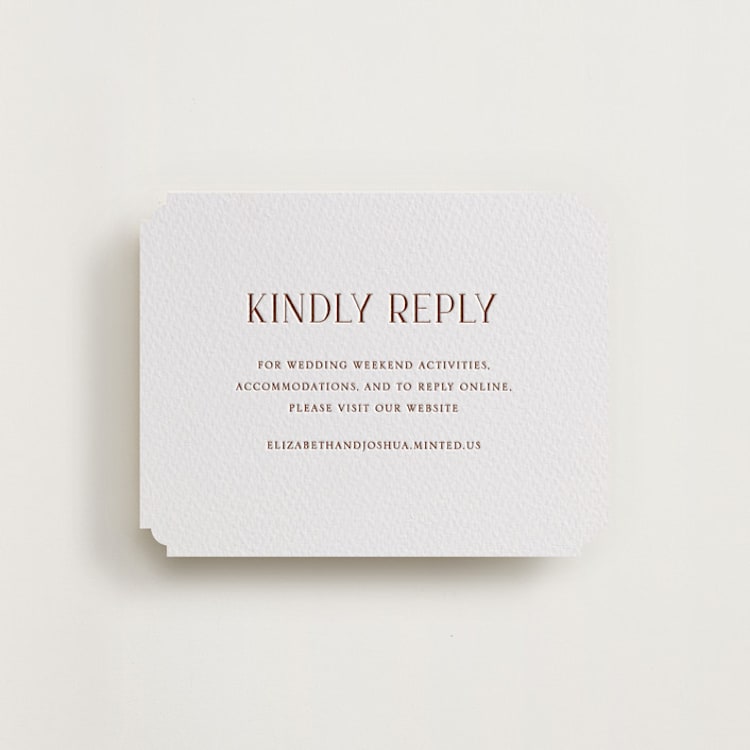 "chic" - Letterpress RSVP Online Enclosure Cards in Burnt Sienna by Vanessa Doyle - Front