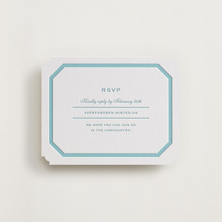 "Danbury" - Letterpress RSVP Online Enclosure Cards in Robin's Egg by Megan Davis - Front