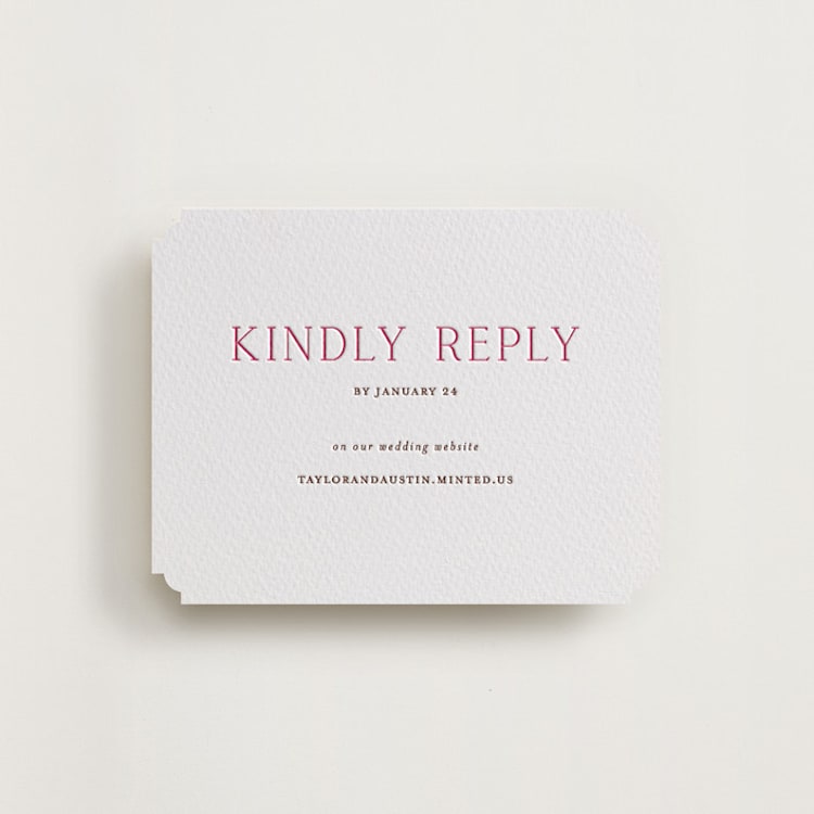 "In Love" - Letterpress RSVP Online Enclosure Cards in Azalea | Burnt Sienna by Vanessa Doyle - Front