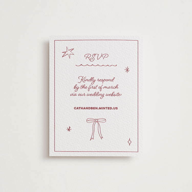 "Crazy Little Thing Called Love" - Letterpress RSVP Online Enclosure Cards in Maraschino by Helena Vitto - Front