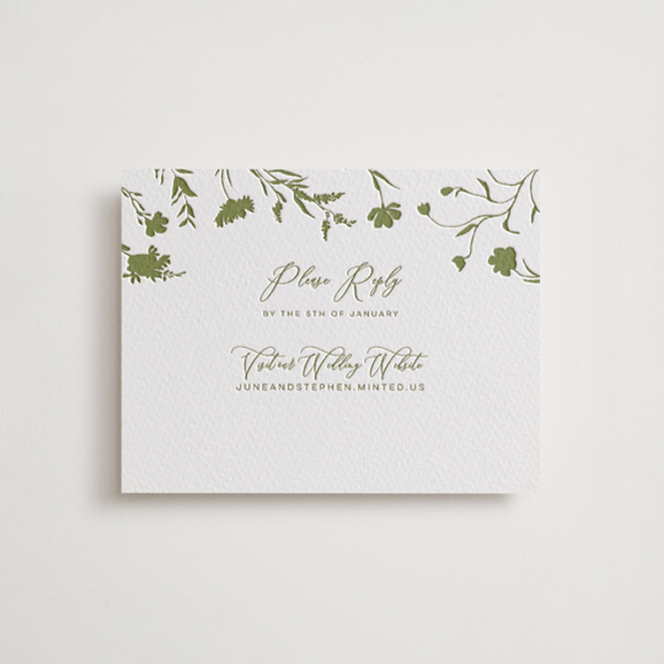 "Untied" - Letterpress RSVP Online Enclosure Cards in Olive by Erin Hodges - Front