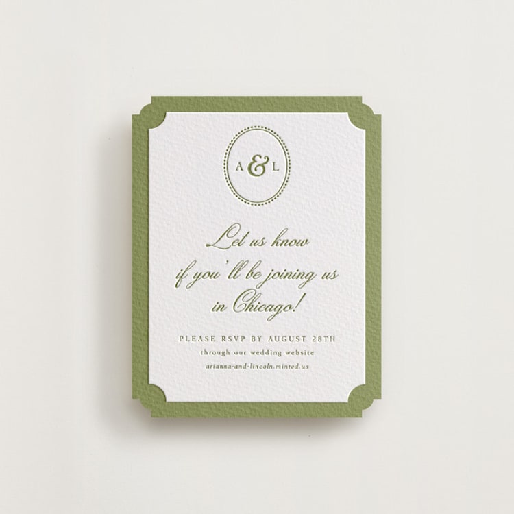 "Darcy" - Letterpress RSVP Online Enclosure Cards in Olive | Evergreen by Robert and Stella - Front