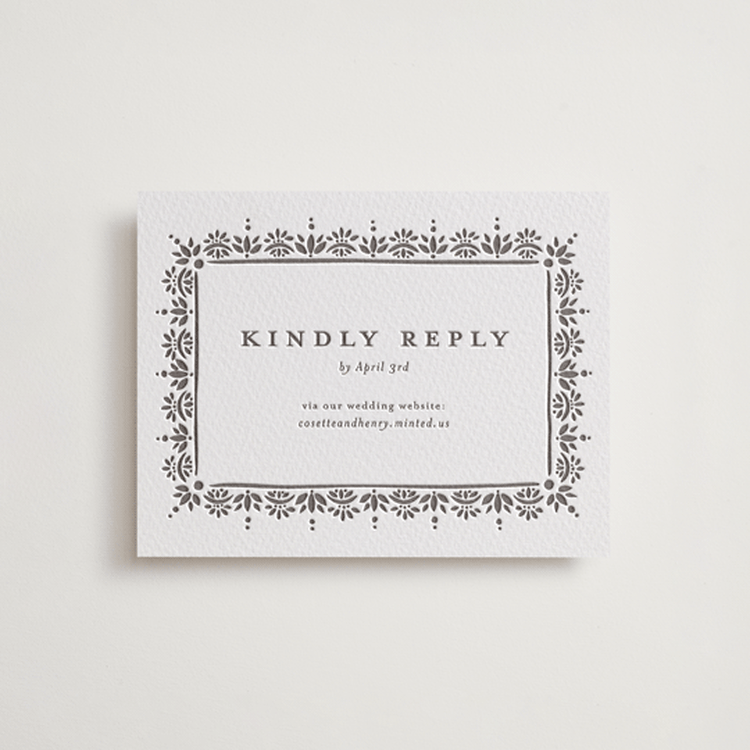 "Cosette" - Letterpress RSVP Online Enclosure Cards in Graphite by Melanie Kosuge - Front