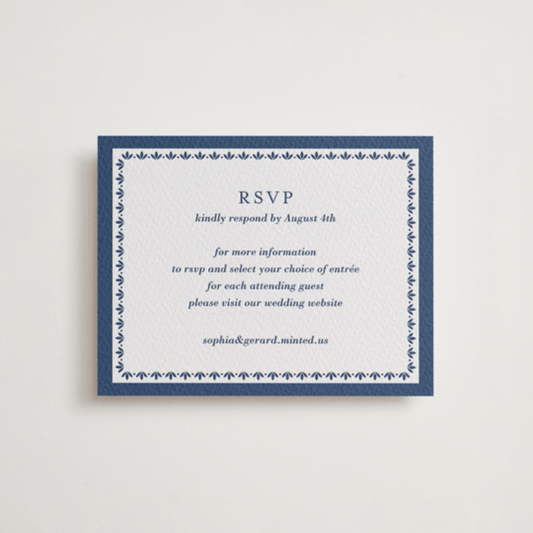 "Pressed Motif" - Letterpress RSVP Online Enclosure Cards in Blueberry by Oma N. Ramkhelawan - Front