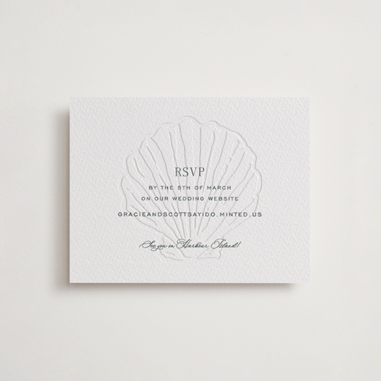 "Isle" - Letterpress RSVP Online Enclosure Cards in Fern | Blind Deboss by Megan Davis - Front