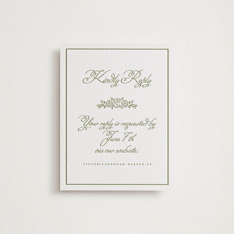 "Crestino" - Letterpress RSVP Online Enclosure Cards in Olive by Petra Kern - Front