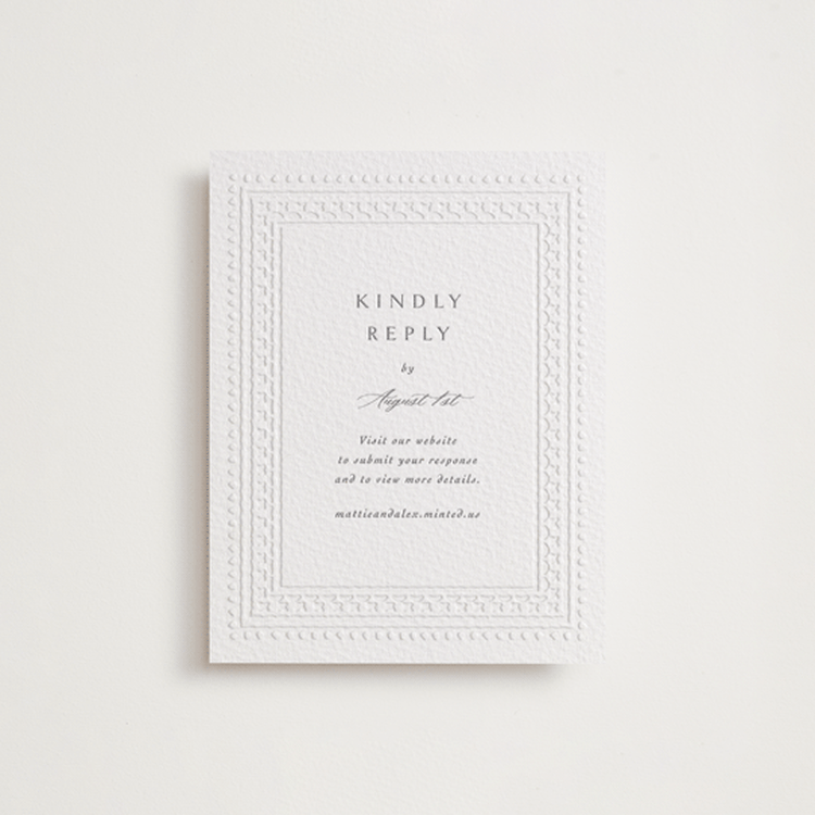 "Heirloom Needlework" - Letterpress RSVP Online Enclosure Cards in Smoke | Blind Deboss by Meggy Masters - Front
