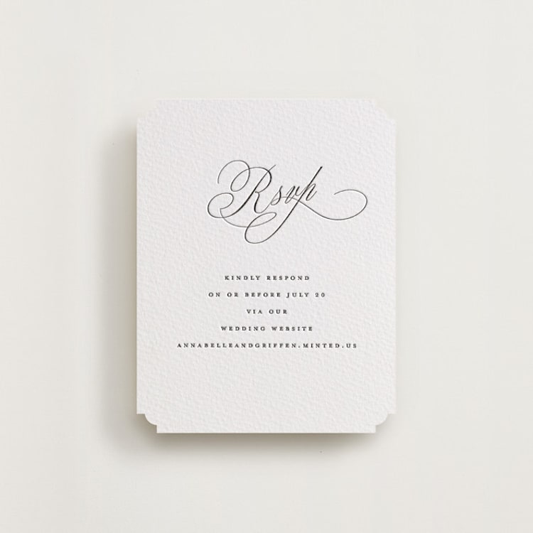 "Romantic Script" - Letterpress RSVP Online Enclosure Cards in Soft Black by Susan Zinader - Front