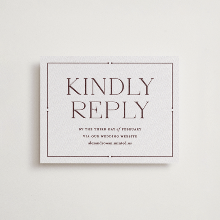 "Quiet Luxury" - Letterpress RSVP Online Enclosure Cards in Clove by Oscar and Emma - Karly Depew - Front