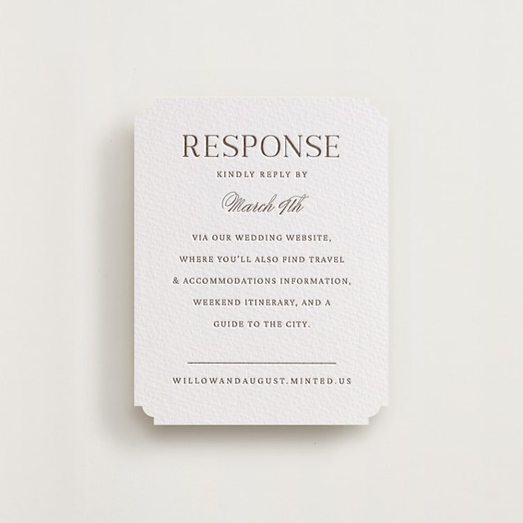 "Willow" - Letterpress RSVP Online Enclosure Cards in Cacao Bean by Snow and Ivy - Front