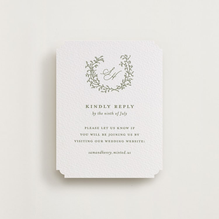"Garden Script" - Letterpress RSVP Online Enclosure Cards in Artichoke by Katherine Moynagh - Front