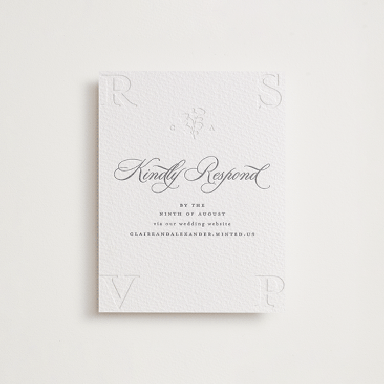 "Heirloom" - Letterpress RSVP Online Enclosure Cards in Smoke by Creo Study - Front
