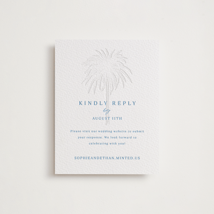 "Palm Tree" - Letterpress RSVP Online Enclosure Cards in Marine Blue by Kaydi Bishop - Front