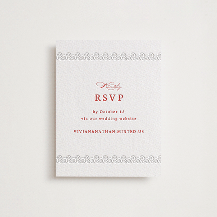 "simply happy" - Letterpress RSVP Online Enclosure Cards in Ruby by Deborah Chou - Front