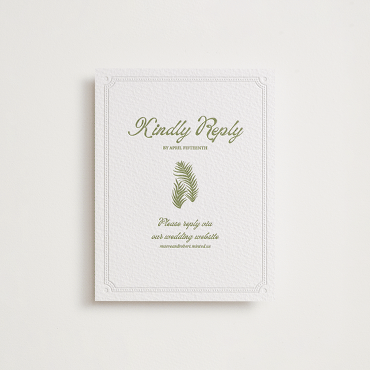 "Palm Shade" - Letterpress RSVP Online Enclosure Cards in Olive | Blind Deboss by Julia Liverton - Front