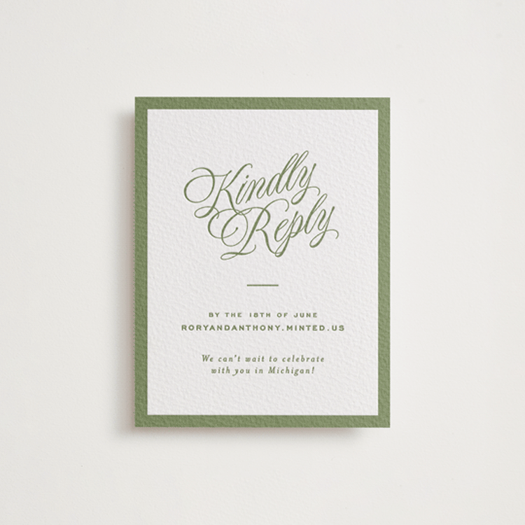 "rory" - Letterpress RSVP Online Enclosure Cards in Olive by Ellen Schlegelmilch - Front