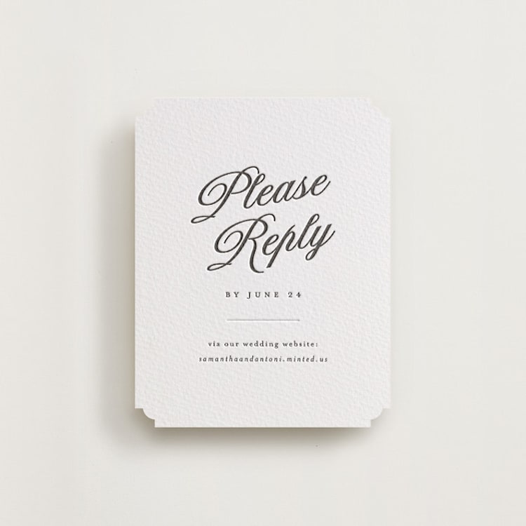 "Tux" - Letterpress RSVP Online Enclosure Cards in Soft Black by Nicole Walsh - Front