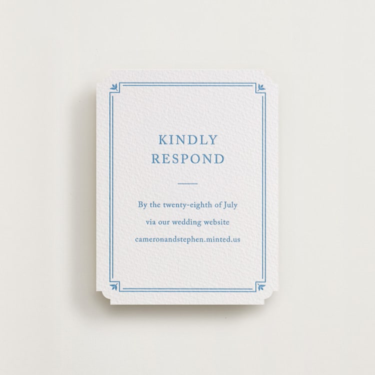 "Fleur Corner" - Letterpress RSVP Online Enclosure Cards in Marine Blue by Carolyn MacLaren - Front