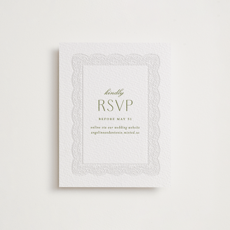 "Chantilly" - Letterpress RSVP Online Enclosure Cards in Pistachio by Erica Krystek - Front