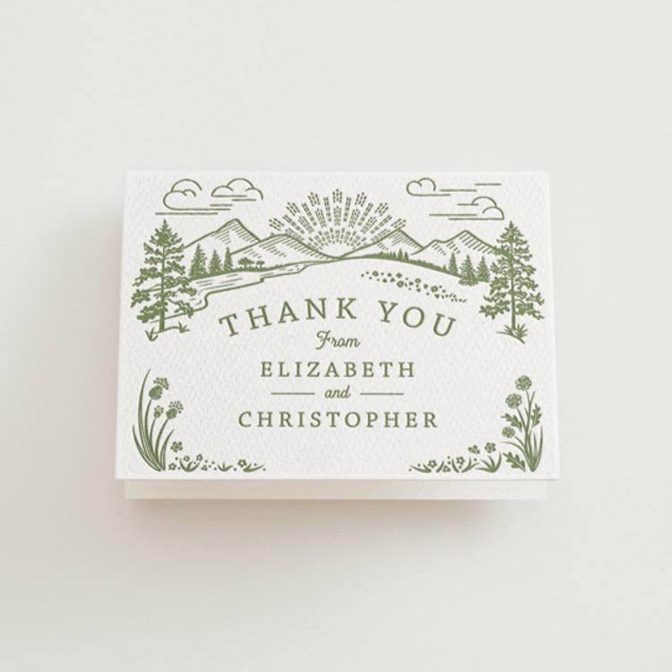 "On The Horizon" - Letterpress Wedding Thank You Cards in Olive by Paper Sun Studio - Front