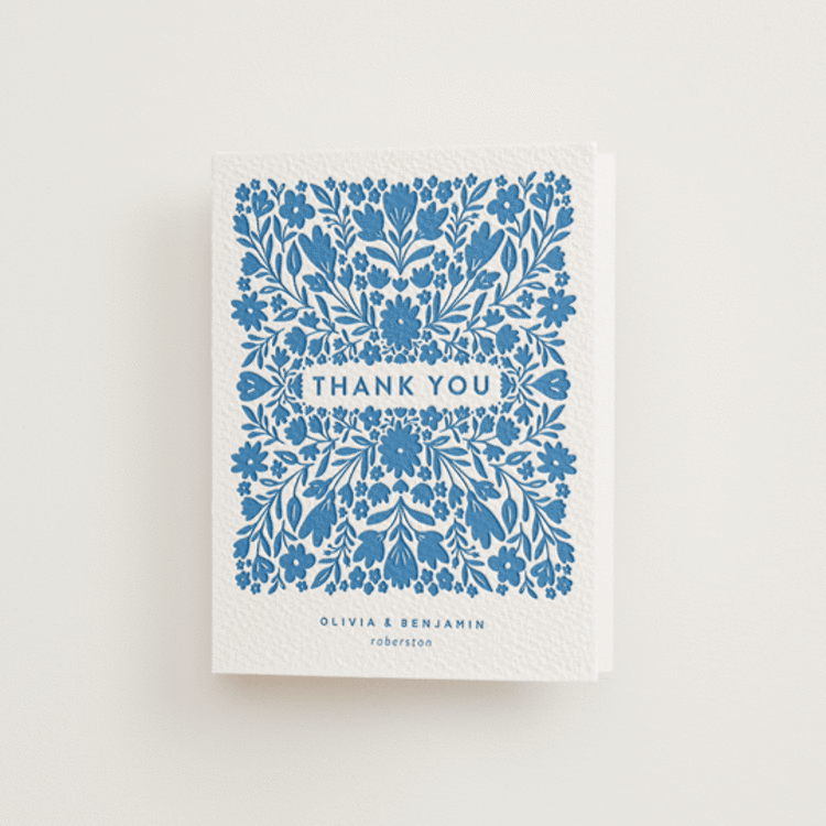 "Floral Stamp" - Letterpress Wedding Thank You Cards in Marine Blue by Stephanie Hawkes - Front