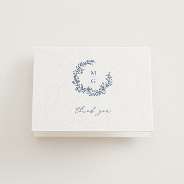 "Wreathed Monogram" - Letterpress Wedding Thank You Cards in Pacific Blue | Blueberry by Katherine Moynagh - Front