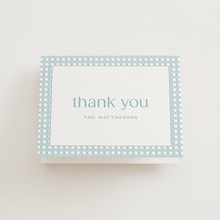 "delicate rattan" - Letterpress Wedding Thank You Cards in Robin's Egg by Ellen Schlegelmilch - Front