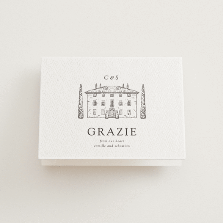 "Italian Countryside" - Letterpress Wedding Thank You Cards in Graphite by Melinda Denison - Front