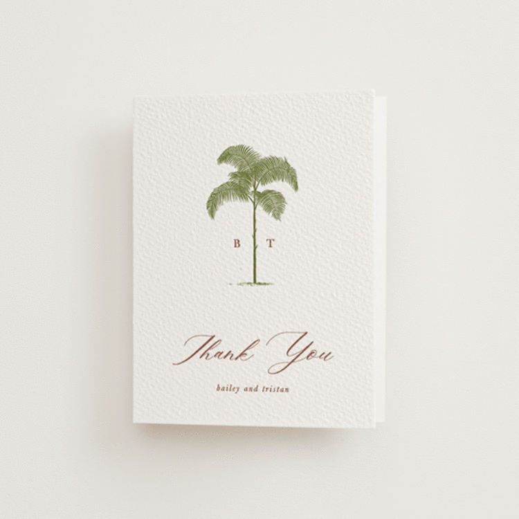 "Palm" - Letterpress Wedding Thank You Cards in Olive | Cinnamon by Melinda Denison - Front