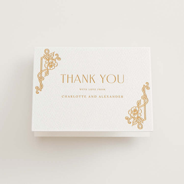 "Nouveau Peony" - Letterpress Wedding Thank You Cards in Saffron by Selima Akhter - Front