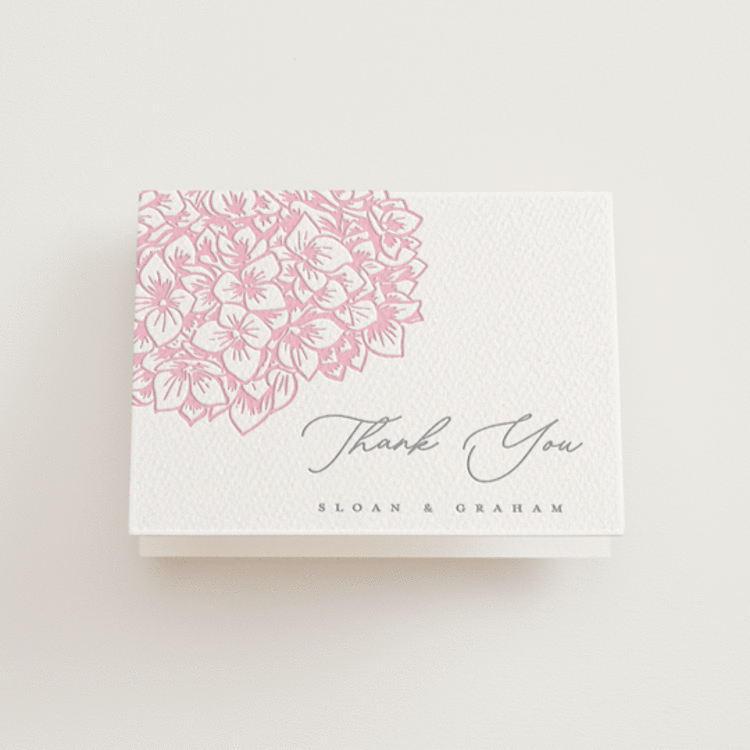 "Hydrangea Blooms" - Letterpress Wedding Thank You Cards in Peony | Granite by Paula Pecevich - Front