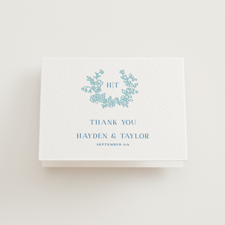 "Flowers monogram" - Letterpress Wedding Thank You Cards in Robin's Egg | Marine Blue by Cass Loh - Front