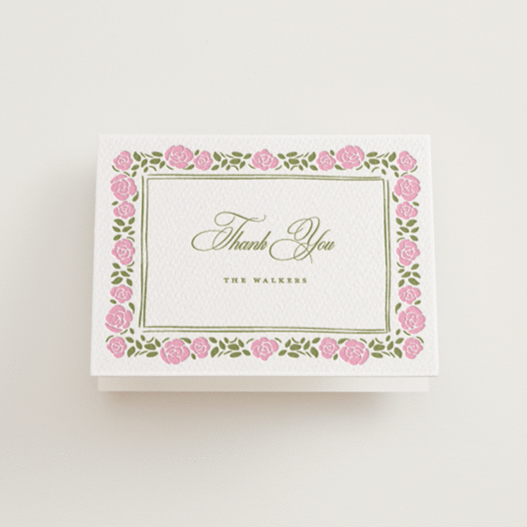 "Vintage Blooms" - Letterpress Wedding Thank You Cards in Olive | Lotus by Creo Study - Front