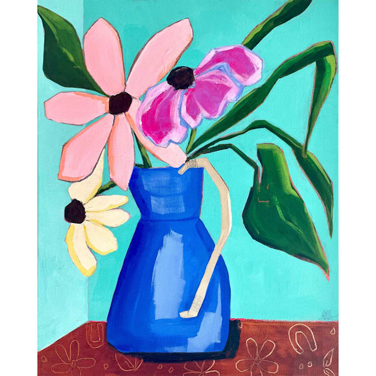 "Flowers in a Blue Pitcher" - Original Painting in multicolor by Nicole Simms