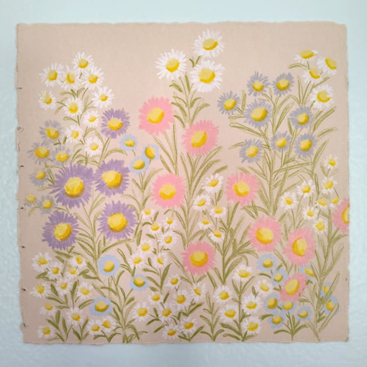 "Bunny Garden No. 2" - Original Painting in multicolorassorted-colors by Janie Allen