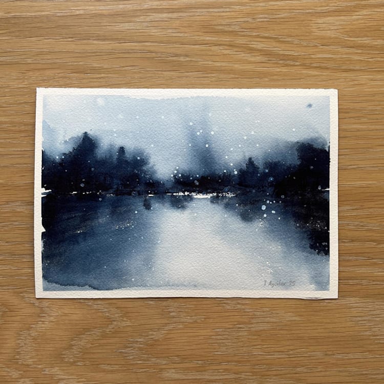 "First Snow" - Original Painting in blue by Isabel Aguilar Alonso