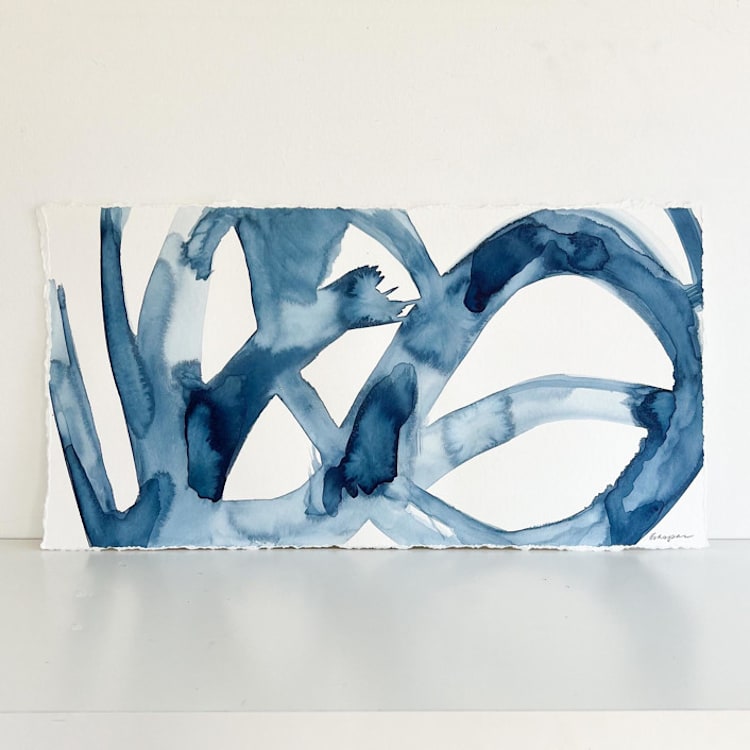 "Plant Cell 14 with Deckled Edge" - Original Painting in blue by Mary Gaspar