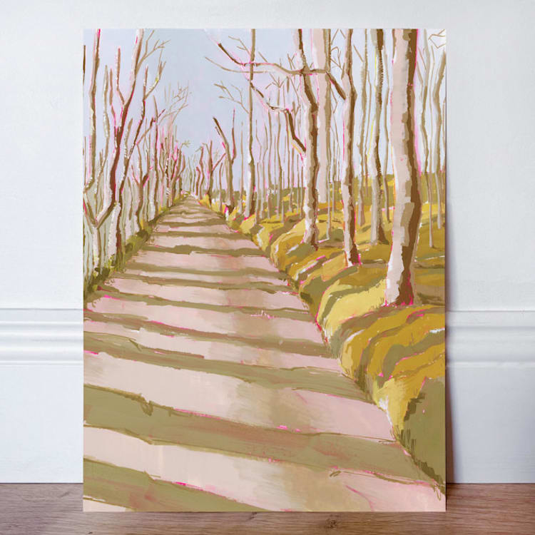 "Forest Path in Autumn original gouache painting" - Original Painting in yellow by Lucrecia Caporale