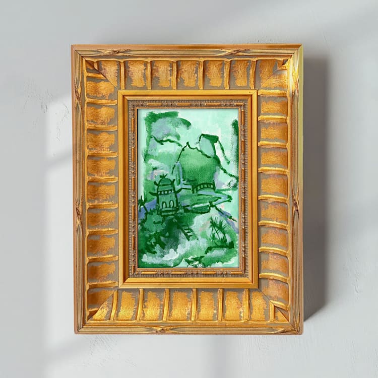 "Chinoiserie Landscape in Green" - Original Painting in green by Green Barn Studio