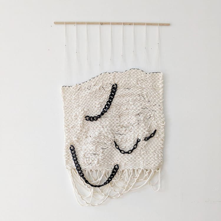 "VINCULUM Collection© XI, Modern Weaving, Fiber Art with Edgy Black/Gold Chains and Details" - Original Painting in natural by Damaris Kovach