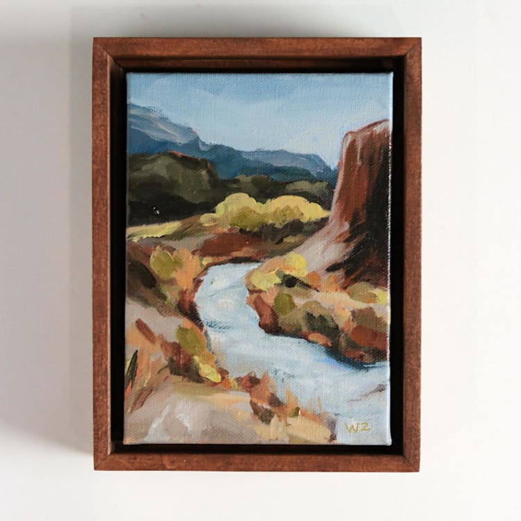 "Little Whisper - Framed New Mexico Landscape" - Original Painting in brown by Weronika Zubek