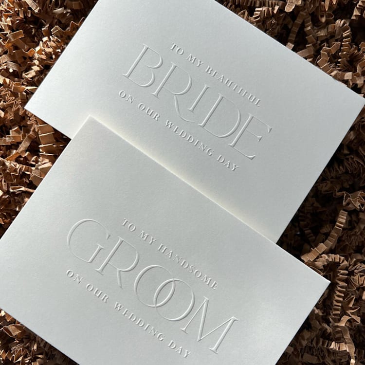 "Luxe Embossed Cream Bride & Groom Cards, Set of 2" - Bridesmaid Gifts in natural by Eva Tadros