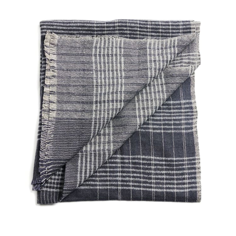 "Alloy White Dark Blue Gray Stripes Handwoven Merino Throw" - Blankets and Throws in blue by Anjali Purohit