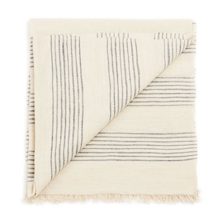 "Silica Chalk Off White And Gray Stripes Pattern Soft Handwoven Merino Throw" - Blankets and Throws in white by Anjali Purohit