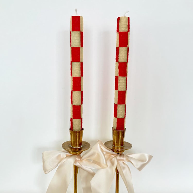 "Checkered Taper Candles (Red & Beige)" - Candles and Holders in red by Annie Shapiro