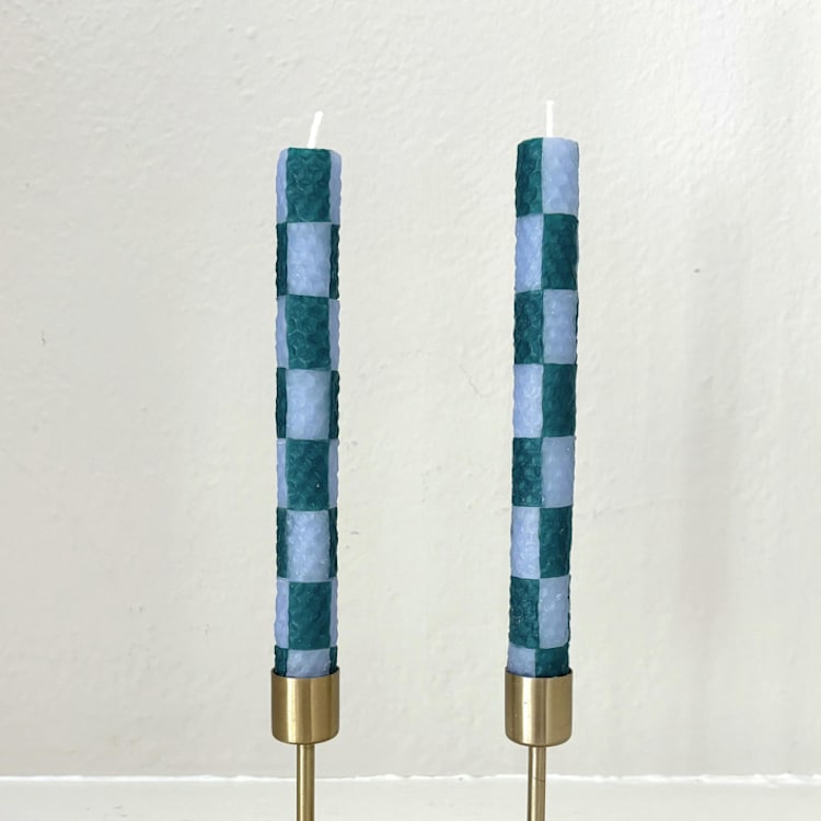 "Checkered Taper Candles (Green & Light Blue)" - Candles and Holders in green by Annie Shapiro